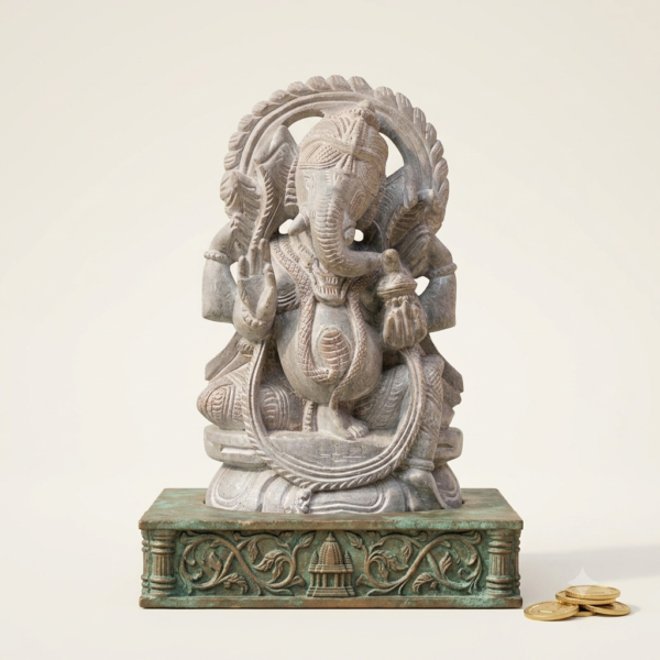Stone Carving Ganesha Idol, Red Stone, 8 Inch — Odisha