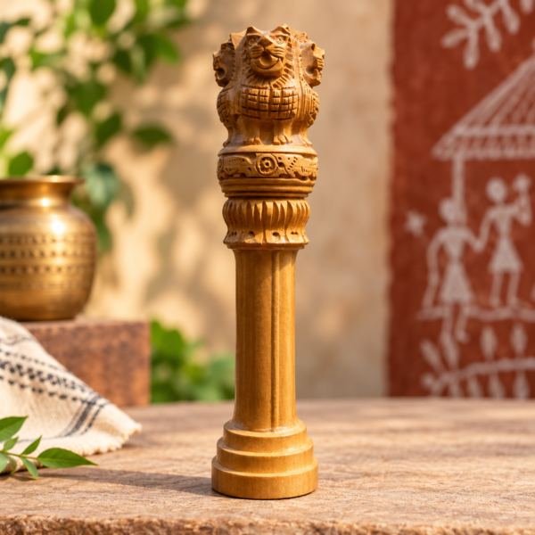 Handcrafted Wooden Ashoka Lion Pillar 18 cm