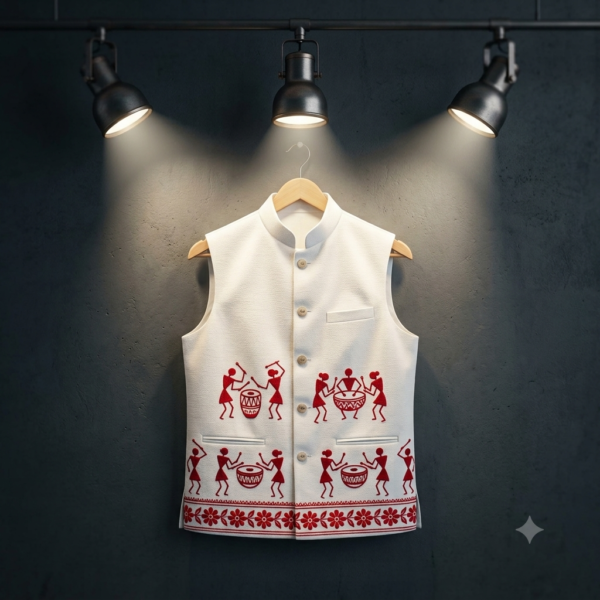 Tribal-Embroidered White Bandi | Jharkhand